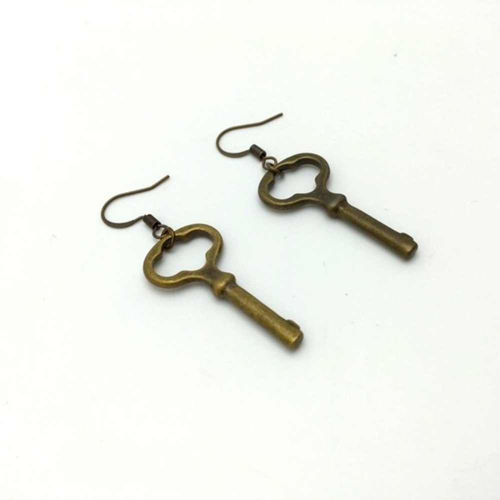 381MIDALANE Brass Skeleton Key Charm Drop Earrings
